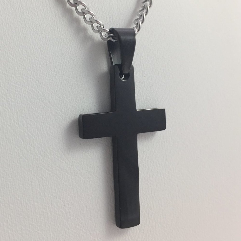 Jewelry necklace pendant cross religious black polished plain cable chain new